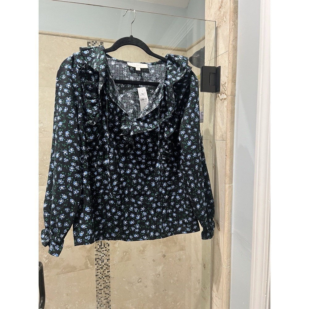 LOFT Floral Ruffle Tie Neck Blouse Blue Green Textured Long Sleeve Top S NEW